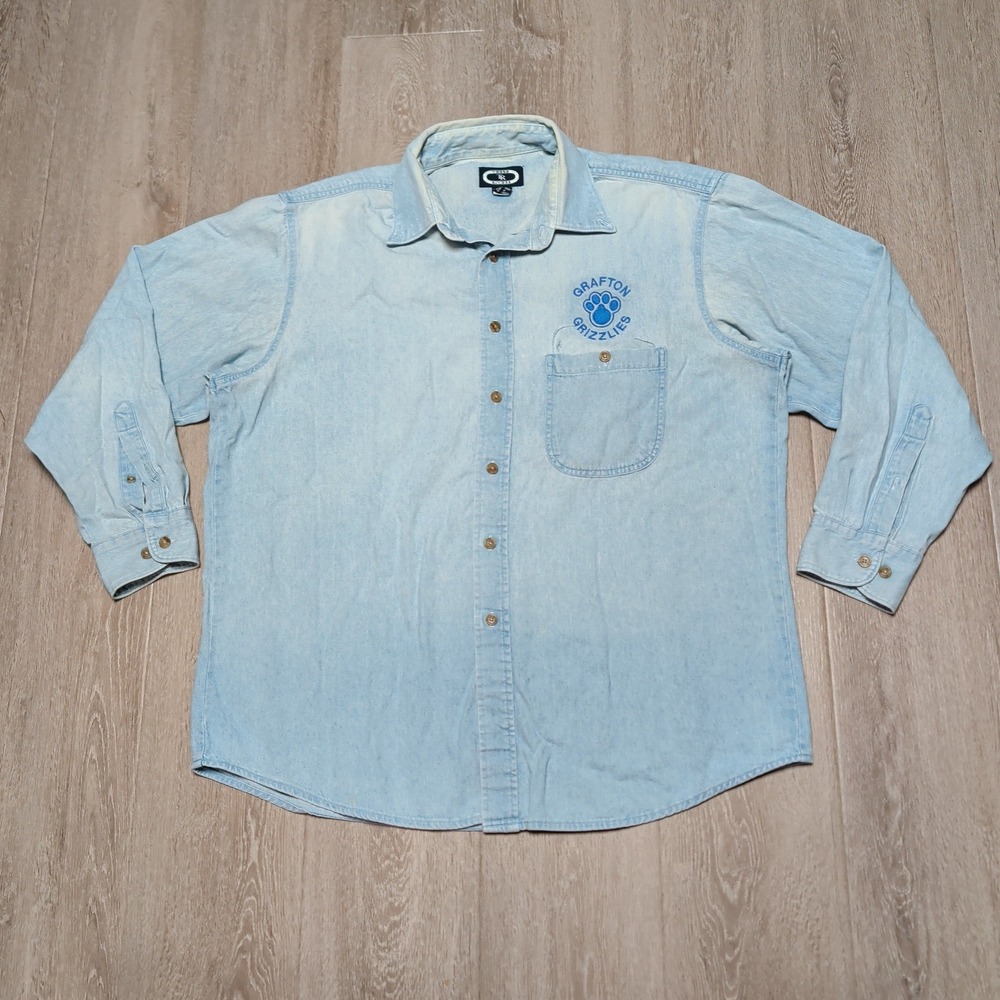 Vintage Three Rivers Grafton Grizzlies Denim Shirt Light Wash Mens L Oversized